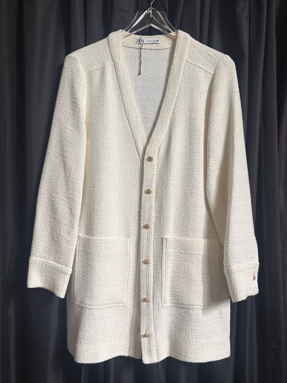 EC Zara Cream Bouclé Longline Button-Front Cardigan Dress | Large